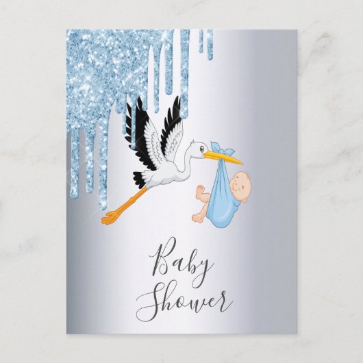 ブルーグリッター男の赤ちゃんシルバーシャワー招待 ポストカード (正面)