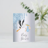 ブルーグリッター男の赤ちゃんシルバーシャワー招待 ポストカード (スタンド正面)