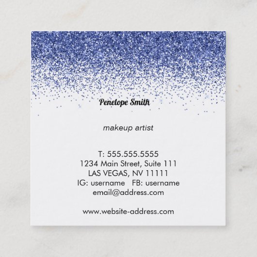 ブルーグリッター美しいスタイリストメイクアップアーティスト スクエア名刺 (裏面)