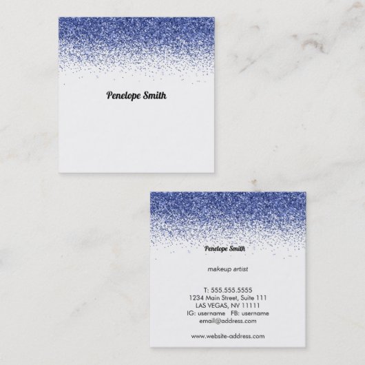 ブルーグリッター美しいスタイリストメイクアップアーティスト スクエア名刺 (正面/裏面)