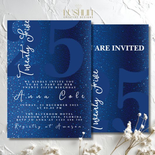 ブルーグリッター誕生日きらめくグラムパーティー 招待状