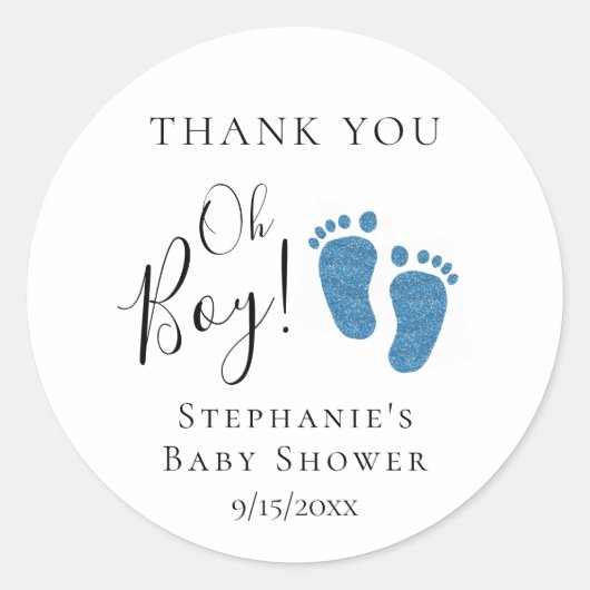 ブルーグリッター足ベビーシャワーありがとう ラウンドシール (正面)