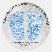 ブルーグリッター足ベビーシャワー感謝していお気に入りガールボーイ ラウンドシール (正面)