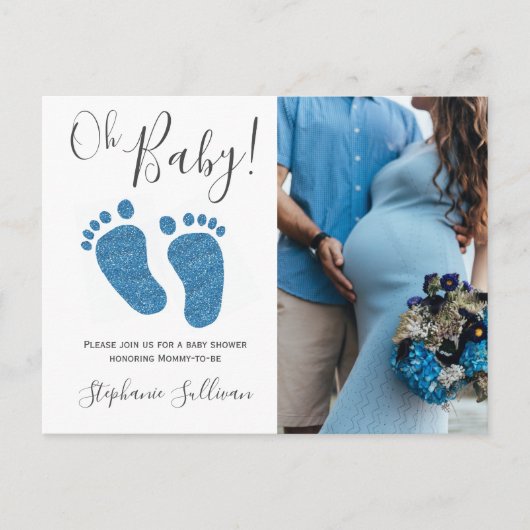 ブルーグリッター足ベビーシャワー招待状はがき インビテーションポストカード (正面)