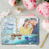 ブルーグリッター金ゴールドボウディワリ写真グリーティング シーズンカード