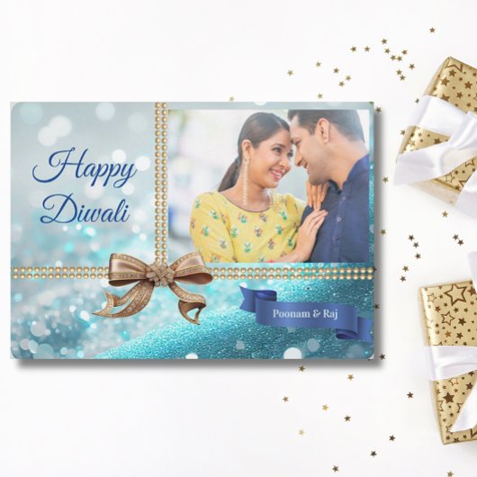 ブルーグリッター金ゴールドボウディワリ写真グリーティング シーズンカード