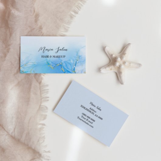 ブルーグリッター金ゴールド水彩名刺 名刺