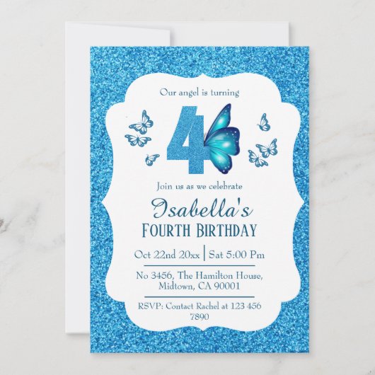 ブルーグリッター鮮やかキュイきらめくー4歳の誕生日 招待状 (正面)