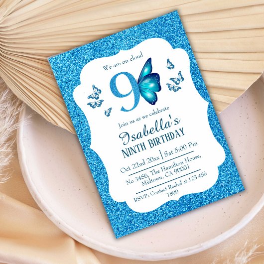 ブルーグリッター鮮やかキュイきらめくー9歳の誕生日 招待状