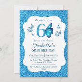 ブルーグリッター鮮やか可愛いきらめく6歳の誕生日 招待状 (正面)