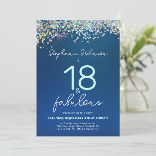 ブルーグリッター18と素晴らしい18th誕生日パーティー 招待状 (スタンド正面)