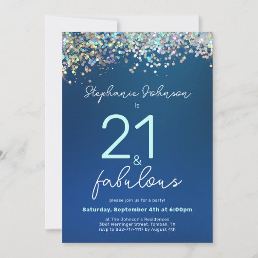 ブルーグリッター21とファビュラス21歳の誕生日パーティー 招待状 (正面)
