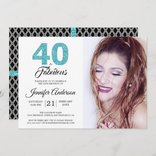 ブルーグリッター40と素晴らしい40th誕生日の写真 招待状 (正面/裏面)