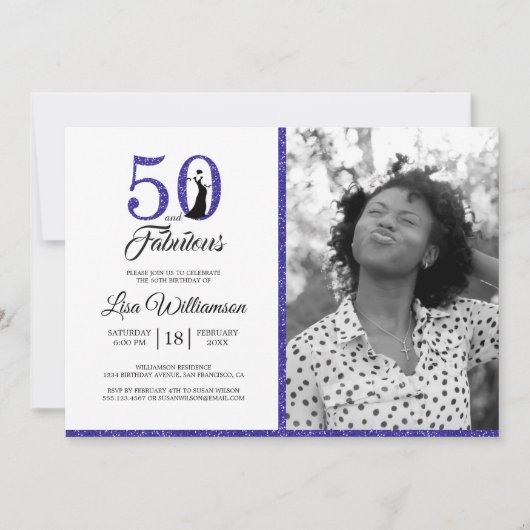 ブルーグリッター50素敵な50th誕生日パーティーの写真 招待状 (正面)