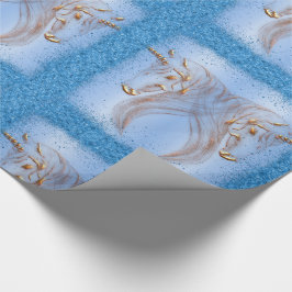 ブルーグリッター&ゴールデンユニコーン誕生日 ラッピングペーパー