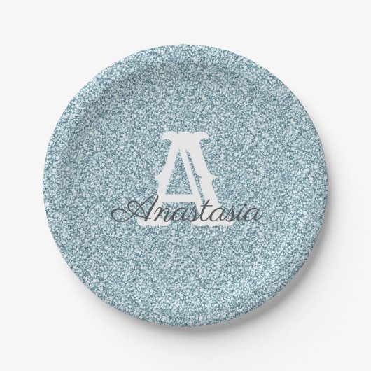 ブルーグリッター&スパークルモノグラム紙プレート ペーパープレート (正面)