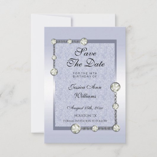 ブルーグリッター&ダイヤモンドデコレーション誕生日 セーブザデート (正面)