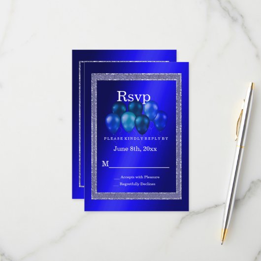 ブルーグリッター&誕生日バルーンRSVPカード 出欠カード (正面/裏面インサイチュ)
