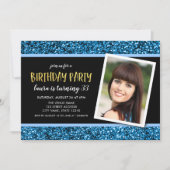 ブルーグリッターAny Ageフォト誕生日招待状 招待状 (正面)
