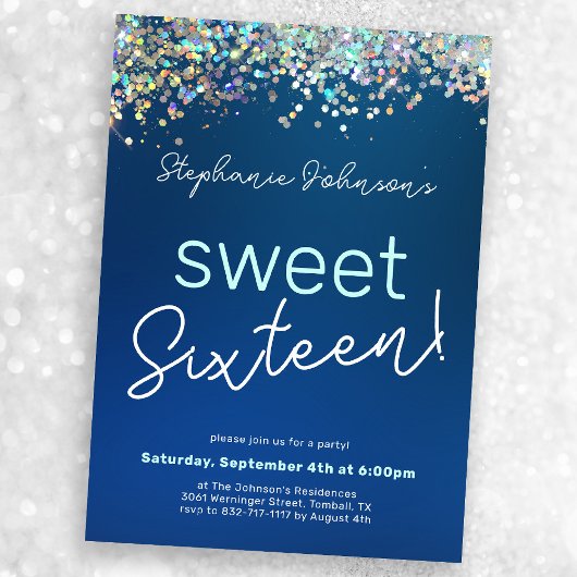 ブルーグリッターSweet sixteen16thバースデーパーティー 招待状