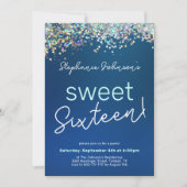 ブルーグリッターSweet sixteen16thバースデーパーティー 招待状 (正面)
