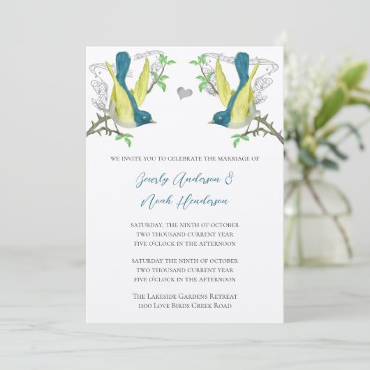 ブルーグリーンとイエローヴィンテージの鳥の結婚式 招待状 (スタンド正面)