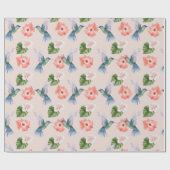 ブルーグリーンとピンクのハイビスカスとハミングバード ラッピングペーパー (フラット)