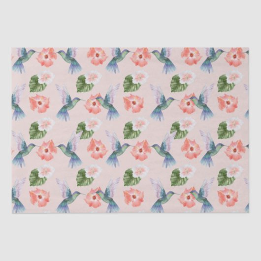 ブルーグリーンとピンクのハイビスカスとハミングバード 薄葉紙 (正面)