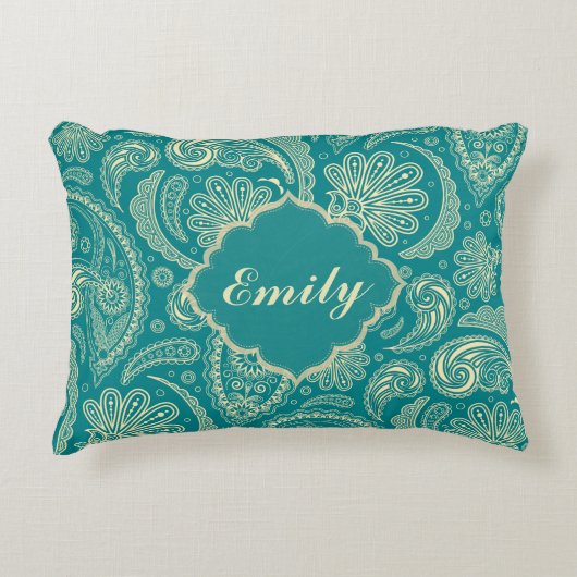 ブルーグリーンとベージュクレメヴィンテージペイズリー アクセントクッション (正面)