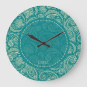 ブルーグリーンとベージュクレメヴィンテージペイズリー ラージ壁時計 (正面)