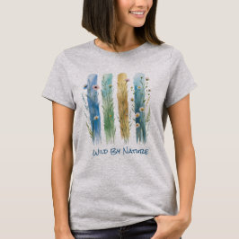 ブルーグリーンの個性的な野の花ブラシストローク Tシャツ