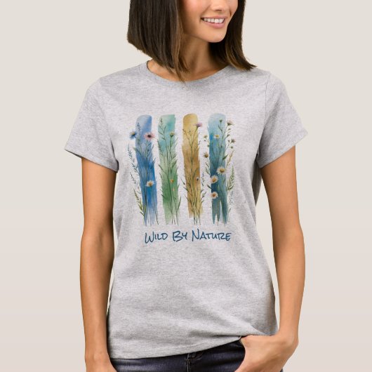 ブルーグリーンの個性的な野の花ブラシストローク Tシャツ (正面)