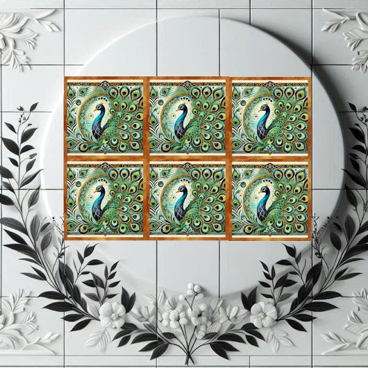 ブルーグリーンの壮麗なクジャクのゴールドの羽のモチーフ タイル
