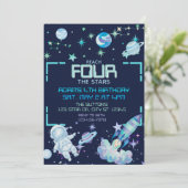 ブルーグリーンの宇宙で4歳の誕生日を迎えるReach Four the Stars 招待状 (スタンド正面)