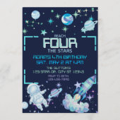 ブルーグリーンの宇宙で4歳の誕生日を迎えるReach Four the Stars 招待状 (正面)