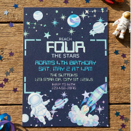 ブルーグリーンの宇宙で4歳の誕生日を迎えるReach Four the Stars 招待状