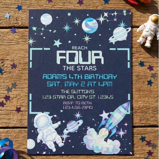 ブルーグリーンの宇宙で4歳の誕生日を迎えるReach Four the Stars 招待状