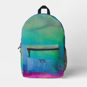 ブルーグリーンの水彩エレガントでアーティスティックなモノグラムガール プリントバックパック (正面)