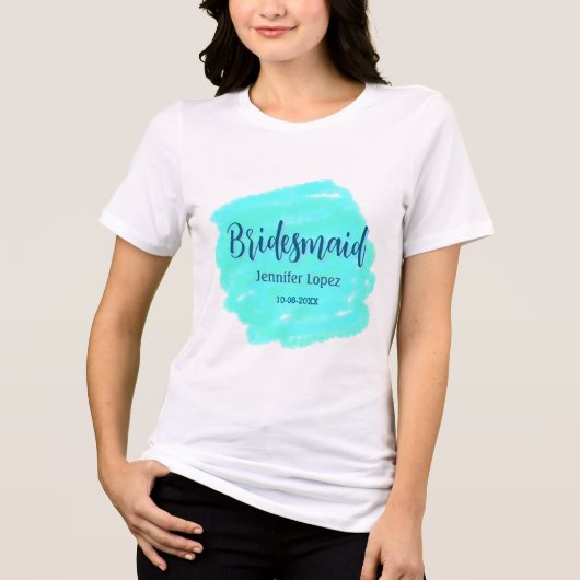 ブルーグリーンの水彩画のブライズメイド 名前と日付を追加 トライブレンドTシャツ (正面)