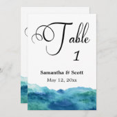 ブルーグリーンアクアウォーターカラーテーブルナンバーカード2 招待状 (正面/裏面)