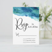 ブルーグリーンアクアウォーターカラーモダンウェディングRSVP 1 出欠カード (スタンド正面)