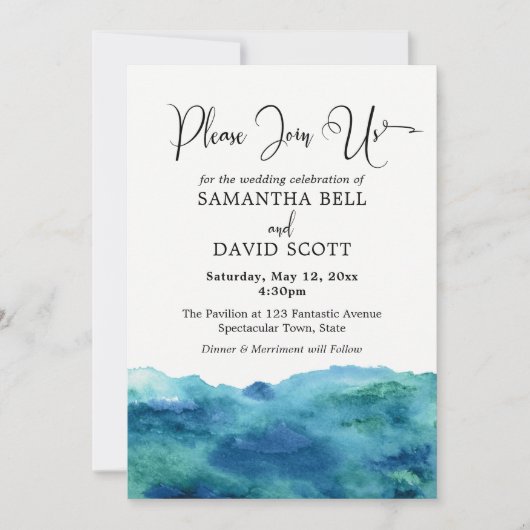 ブルーグリーンアクア水モダン色結婚の1b 招待状 (正面)