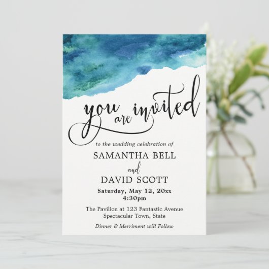ブルーグリーンアクア水モダン色結婚の2 招待状 (スタンド正面)