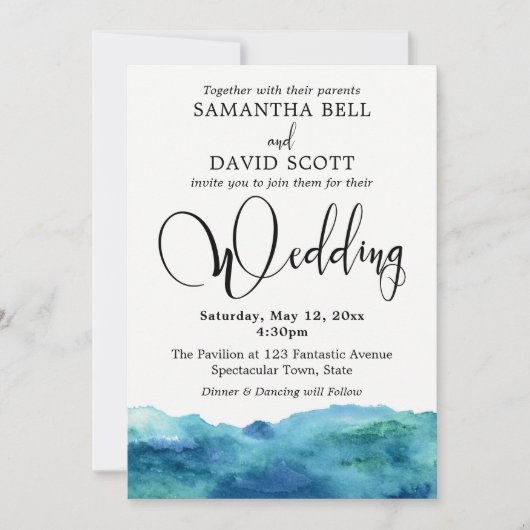 ブルーグリーンアクア水モダン色結婚の3b 招待状 (正面)