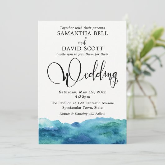 ブルーグリーンアクア水モダン色結婚の3b 招待状 (スタンド正面)