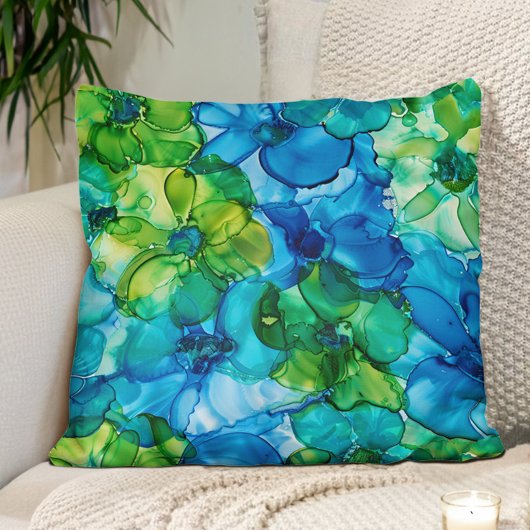 ブルーグリーンアルコールインク花 クッション