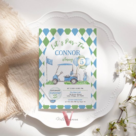 ブルーグリーンアーガイルゴルフ誕生日パルティー招待状 招待状
