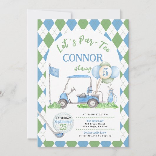 ブルーグリーンアーガイルゴルフ誕生日パルティー招待状 招待状 (正面)