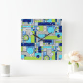 ブルーグリーンアールデコステンドグラス スクエア壁時計 (ホーム)