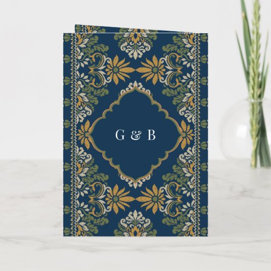 ブルーグリーンイエローイカットオールインワンシーク結婚ズ 招待状 (裏面)